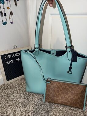 Coach Tiffany blue Pebbled Leather Tote with Signature Canvas Wristlet